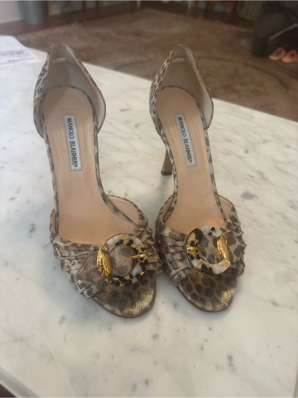 Manolo Blahnik Leopard-Animal Print D'Orsay Heels with Gold Buckle